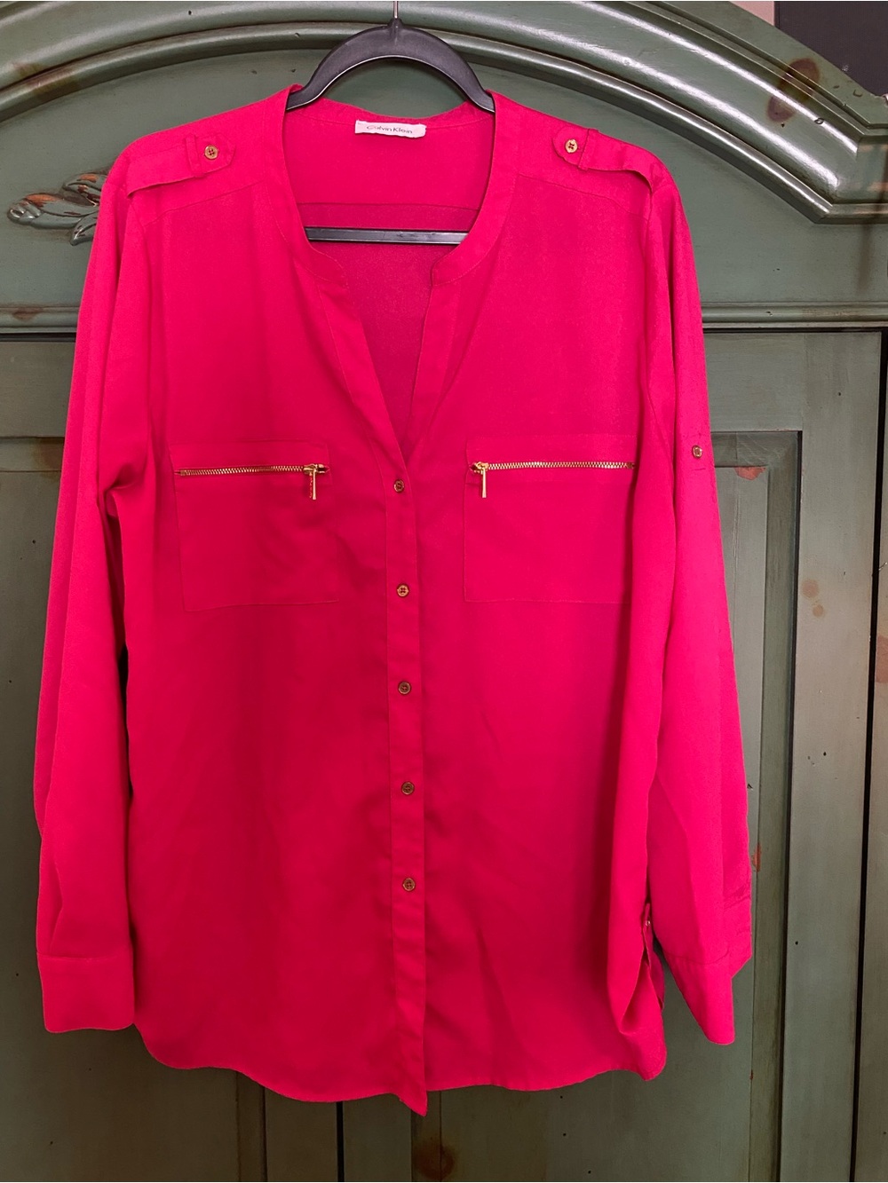 Calvin Klein Bright Pink Button-Front Blouse Gold Zipper Detail Roll Tab Sleeves